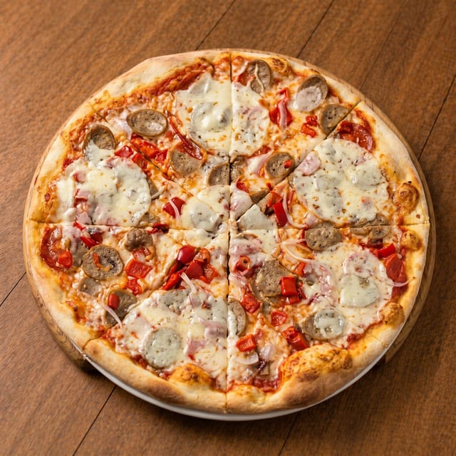 Sausage & Roasted Peppers Deluxe Pizza.